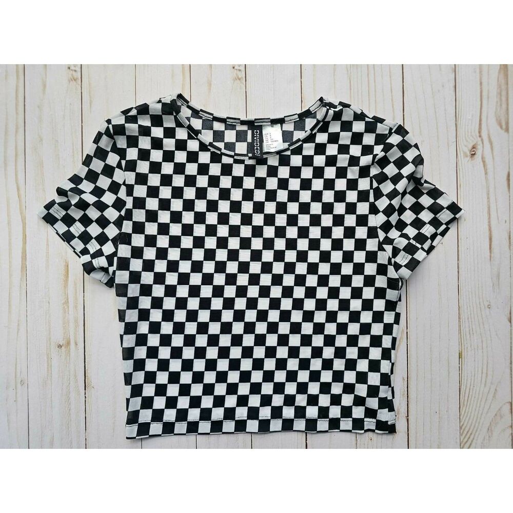 H&M Divided Women's Small Black White Checkered Checkerboard Crop Top